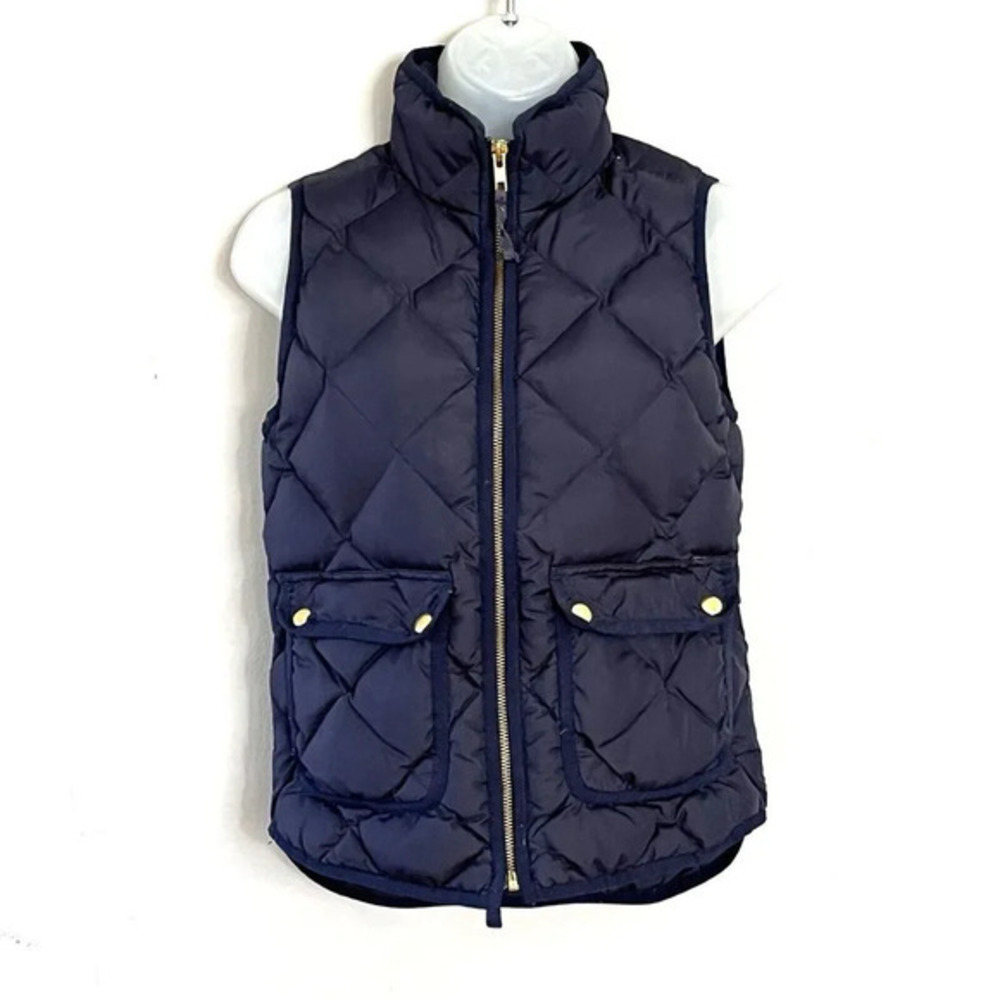 J. Crew Womens Down Fill Puff Quilted Vest XS Navy Blue Full Zip Pockets Preppy